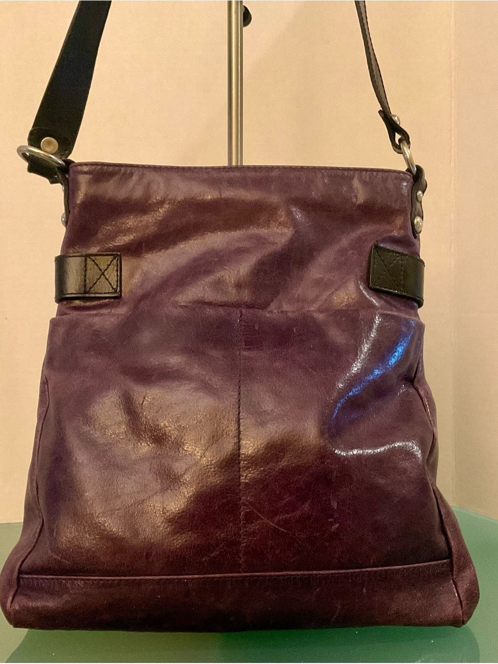 TANO POLISHED PURPLE LEATHER CROSSBODY WITH BLACK TRIM JOINTED CROSSBODY STRAP - Picture 8 of 15